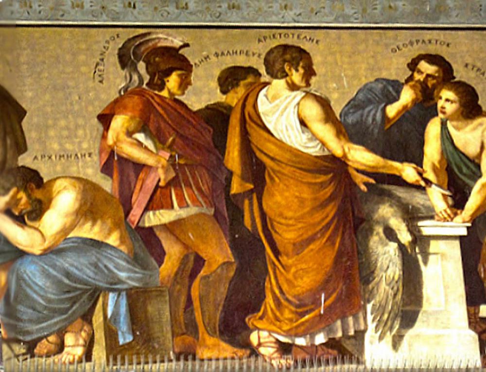 Archimedes, Alexander and Aristotle and students. Mural above entrance at the University of Athens. Photo: E. G. Vallianatos