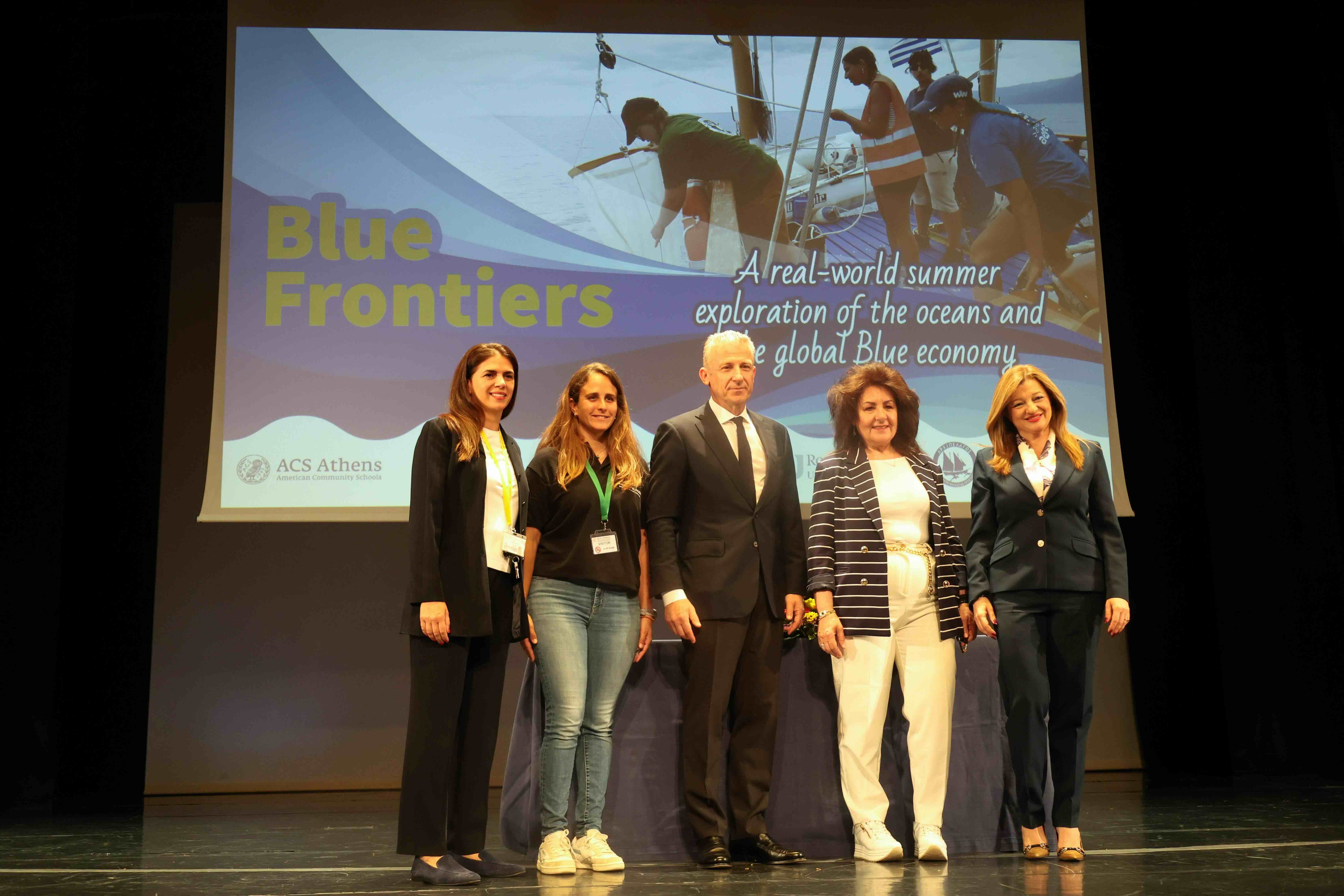 In the photo (from left) Ms. Karla Tanas, Dean of the ACS Athens Institute, Ms. Beatrice Tintore, Head of Marine Mammal Research at the “Archipelagos” Marine Conservation Institute, Mr. Kostis Frangoulis, President of the Propeller Club of Piraeus, the President of ACS Athens, Dr. Peggy Peloni and Dr. Dionysia-Theodora Avgerinopoulou, Special Envoy of the Prime Minister for the Protection of the Seas and President of the Special Permanent Committee on Environmental Protection of the Parliament during the presentation of the “Blue Frontiers” program.